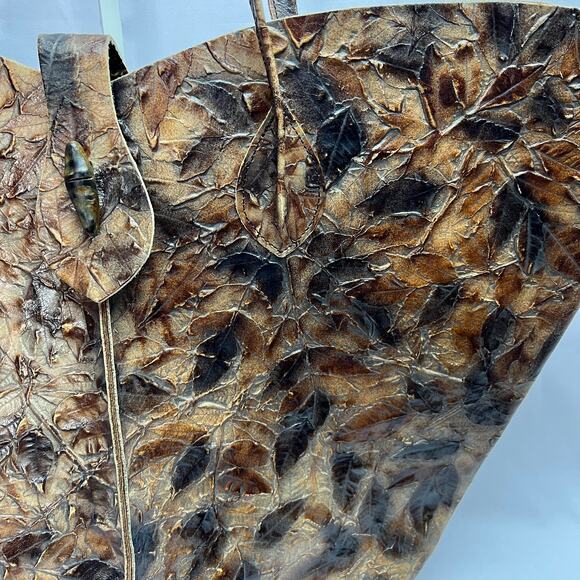 Luxury Artisan Leather Leaf Texture Tote Bag Handmade Brown Earthy Boho Heritage - Picture 7 of 16